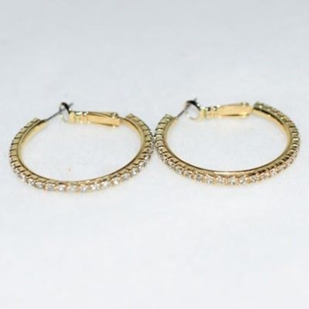 Diva Glam Rhinestone Flat Gold Tone Statement Latch Back Hoop Earrings